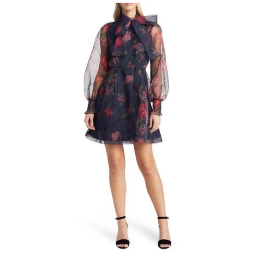 Rachel Parcell Floral‎ Tie Neck Long Sleeve Satin Dress Floral Ink size 12